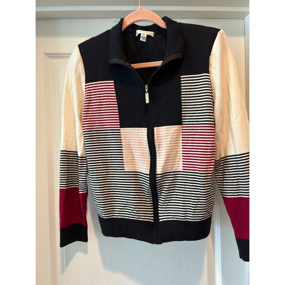 ST. JOHN Sport Wool Santana Knit  Stripe Full Zip Jacket M
